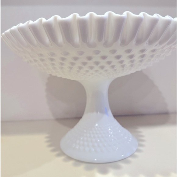Vintage Large Fenton White Milk Glass Hobnail Ruffled Bowl Pedestal